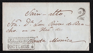 1850s (4 Oct) Pre-philatelic stampless letter sheet from Zacatecas (Mexico) to Santa Monica (Mexico), payment postmark cachet rate "2" on the front side, black boxed two-line "ZACATECAS / OCTUBRE 4" origin postmark