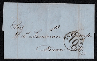 1859 (1 Dec) Stampless international letter sheet from Dalama (Mexico) to New York (USA), payment postmark surcharge 10с. Was rated 10с due for carriage less than 2500 miles per the United States postal laws and regulations, 1852. No arrival postmark