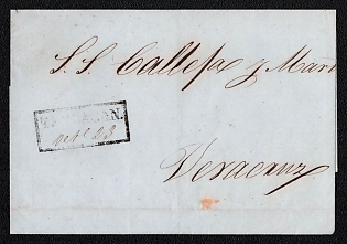 1855 Pre-philatelic stampless letter sheet from Tehuacan (Mexico) to Veracruz (Mexico), black cancel in a rectangular frame "Tehuacan" with a handwritten date