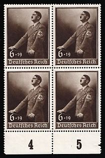 1939 6pf Third Reich, Germany, Block of Four, Complete Set, Margin, Plate Numbers