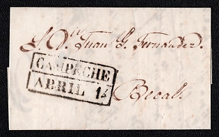 1846 (14 Apr) Pre-philatelic stampless letter sheet from Campeche (Mexico) to Becal (Mexico), Black origin cancel in a rectangular frame "CAMPECHE / APRIL 14"