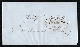 1851 (24 Jan) Pre-philatelic stampless letter sheet from Morelia (Mexico), black cancel in a oval frame "MORELIA / ENERO 24 / 1851"