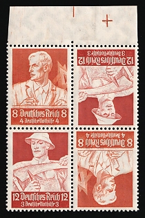1934 Third Reich, Germany, Tete-beche, Se-tenant, Zusammendrucke, Block of Four, Margin