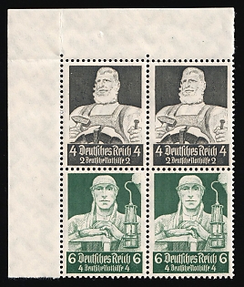 1934 Third Reich, Germany, Se-tenant, Zusammendrucke, Block of Four, Corner Margin