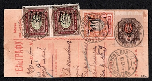 1918 (10 Dec) Telegraph Money Order (Transfer) from Chornyi Ostriv to Kiev (Kyiv), franked with 1r Odessa (Odesa) 4, Pair 3.5r, 10r Podolia 2 (1b) Ukrainian trident overprints (1r 90k total), Missed stamps, Signed by Vyrovyi