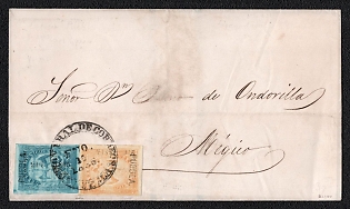 1865 (10 Jan) Letter sheet from Puebla (Mexico) to Mexico (Mexico), franked with 1r and 2r (with overprint district Puebla), canceled by Puebla postmark. No arrival postmark