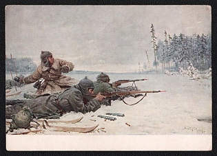 'The Combat Feat of Senior Lieutenant M. Shmagrin. In 1939, a Group of Border Guards, Despite Finding Themselves at a Disadvantage, Bravely Fought an Unequal Battle Against a Band of Saboteurs Who Had Infiltrated Soviet Territory. Senior Lieutenant M. Shmagrin Led the Battle Selflessly and Skillfully' Soviet Union, WWII, Military, Picture Postcard