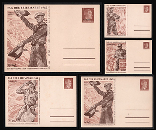 1942 'Postage Stamp Day', Third Reich, Germany, 3pf Postal Stationery Propaganda Postcards Collection of Hitler Issue, Mint