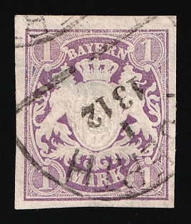 1874-75 1m Bavaria, German States, Germany, Imperforate