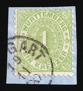 1874 1kr on piece Wurttemberg, German States, Germany, Signed