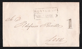 1851 (9 Nov) Pre-philatelic stampless letter sheet from Guanajuato (Mexico) to Leon (Mexico), payment postmark cachet rate "1" on front side, black cancel in a rectangular frame "GUANAJUATO NOVIAMBRE 9"
