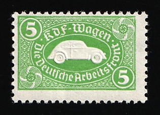 1938 5RM VW Volkswagen, 'The German Labour Front', KdF-Wagen, Nazi Community 'Strength Through Joy', Revenue Stamp, Green Color, N.S.D.A.P., Third Reich Nazi Germany Propaganda