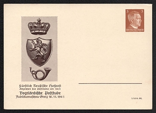 1941 'Princely Reuss Court Post. Vogtland Post Exhibition in Greiz, November 16', Third Reich, Germany, 3pf Postal Stationery Nazi Propaganda Postcard of Hitler Issue, Mint