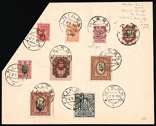 1919 (2 Jan) Kharkov (Kharkiv) Types 1, 2, 3 and 'Dzenis' Reprint Issue on piece, Ukrainian Tridents, Ukraine, Philatelic Used, KIEV Postmarks