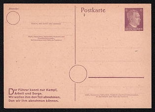 1933-45 'The Fuhrer Knows Only Fight, Work and Care. We Want to Take the Part that We Take from Him', Third Reich, Germany, 60pf Postal Stationery Nazi Propaganda Postcard of Hitler Issue, Mint