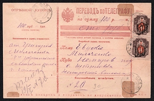 1919 (19 May) Telegraph Money Order (Transfer) insured for 100r from Haisyn to Nemyriv, franked with 3x3.5r Podolia 38 (12dd), Pair 1r Podolia 48 (14b) Ukrainian trident overprints (12r 50k total), Signed by Vyrovyi