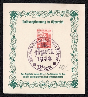 1938 (10 Apr) 'Referendum in Austria. The Result was 99.7% Yes-votes for the Fuhrer Adolf Hitler and for Great Germany', Vienna, Austria, Germany, Nazi Propaganda Souvenir Sheet
