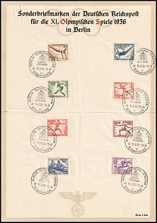 1936 (16 Aug) 'Olympic Games in Berlin', Third Reich, Germany, Souvenir Sheet, franked with Complete Set of 3pf-40pf, Commemorative Postmarks