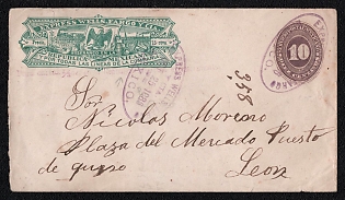 1865 (25 Oct) Express cover Wells Fargo from Mexico (Mexico) to Leon (Mexico), franked with 15c (green overprint express Wells Fargo) on postal stationery 10с, canceled by oval Mexico Wells Fargo postmark. Violet cachet «Para cartas 1/2 oz. en la República Mexicana exclusivamente», which translates to "Exclusively for letters of 1/2 oz. within the Mexican Republic". No arrival postmark