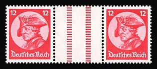 1933 12pf Third Reich, Germany, Gutter Pair, Se-tenant, Zusammendrucke