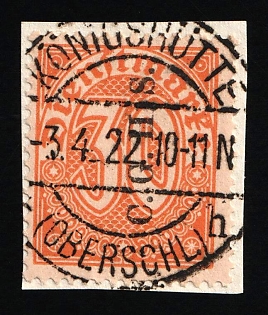 1920 30pf on piece Weimar Republic, Germany, Official Stamp, KONIGSHUTTE Postmark