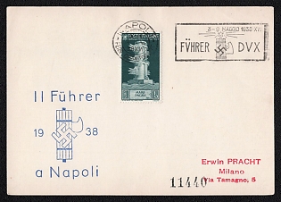 1938 'The Fuhrer in Naples', Third Reich, Germany, Nazi Propaganda Postcard from Naples (Italy) to Milan franked with 10c, Commemorative Cancellation 'Fuhrer DVX'