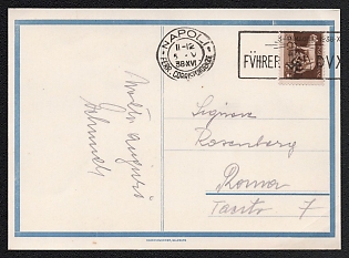 1938 Third Reich, Germany, Nazi Propaganda Postcard franked with 5c from Naples to Rome (Italy) tied by Commemorative Cancellation 'Fuhrer DVX'