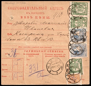 1920 (23 Oct) Parcel Receipt Card from Kiev to Kostroma (Russia), mixed franked with Pair 30sh, 40sh, Pair 40sh and Strip 1k Kiev (Kyiv) 2a Ukrainian trident overprints (180sh 5k total), two small verification punches, Signed