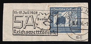 1938 (6 Jul) 25pf on piece, '15-17 July 1938 SA Sports Day in Berlin. SA Reich Races', Airmail, Commemorative Postmark, franked with 25pf, Berlin Postmark, Third Reich Nazi Germany Propaganda