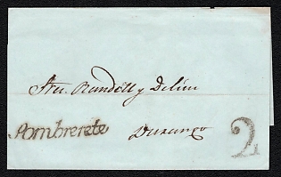 1846 Pre-philatelic stampless letter sheet from Pombrerete (Mexico) to Durango (Mexico), payment postmark rate cachet "2", on the front side, black straight-line postmark Pombrerete