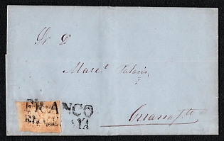 1866 Letter sheet from Celaya (Mexico) to Guanajuato (Mexico), franked with 2r (with overprint district Queretaro), canceled by rectangular black postmark of "Franco en Celaya" in translation "Paid in Celaya". No arrival postmark