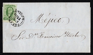 1857 (17 Apr) Letter sheet from Morelia (Mexico) to Veracruz (Mexico), franked with 2r (with overprint district Morelia), canceled by Morelia postmark. No arrival postmark