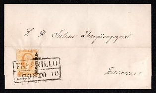 1858 (10 Aug) Letter sheet from Fresnillo (Mexico) to Zacateca (Mexico), franked with 1r (with overprint district Zacateca), canceled by Fresnillo rectangular frame postmark