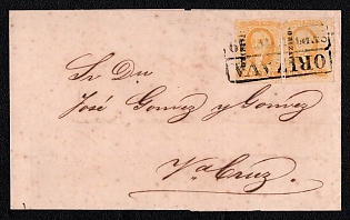 1858 (19 Sep) Letter sheet from Orizava (Mexico) to Veracruz (Mexico), franked with two 1r (with overprint district Orizava), canceled by Orizava rectangular frame postmark