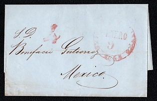 1854 (9 Jan) Pre-philatelic stampless letter sheet from Mazatlan (Mexico) to Mexico (Mexico) payment postmark cachet rate "4" on the front side, red postmark Mazatlan