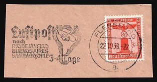 1938 (22 Oct) 8pf on piece, Third Reich, Germany, Official Stamp, Advertising Postmark of 'Airmail to Rio de Janeiro, Buenos Aires, Santiago de Chile', franked with 8pf, FLENSBURG Postmark