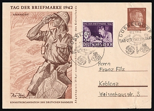 1942 (11 Jan) 'Afrikakorps. Postage Stamp Day 1942', Third Reich, Germany, 3pf Postal Stationery Picture Postcard from Dusseldorf to Koblenz, additionally franked with Full Set of 6pf, First Day Cover, Commemorative Postmarks