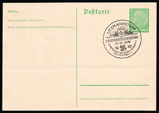 1942 (13 - 16 Jun) 'Community of German Collectors. 1st Postage stamp show in Gau Wartheland', 5pf Postal Stationery Picture Postcard from Litzmannstadt Ghetto, Commemorative Postmark, Third Reich Nazi Germany Propaganda