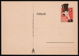 1940-45 'Value - Not a Single Pfennig', Third Reich, Germany, Field Post Feldpost Picture Postcard with Satirical Caricature of Chamberlain, Design by Heinz Fehling, Anti-British Propaganda