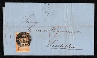 1866 (1 Mar) Letter sheet from Guadalajara (Mexico) to Tecolotlan (Mexico), franked with 2r (with overprint district Guadalajara), canceled by Guadalajara postmark