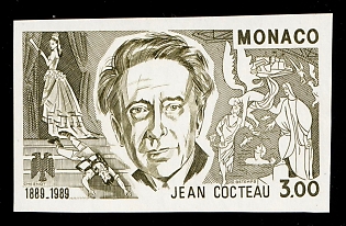 1989 3fr Jean Cocteau, Principality of Monaco, Imperforate Trial Color Proof