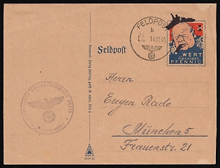 1940 (14 Nov) 'Value - Not a Single Pfennig', Third Reich, Germany, Military Mail Field Post Feldpost Postcard with Satirical Caricature of Churchill to Munich, Field Post Number '08248', Design by Heinz Fehling, Anti-British Propaganda