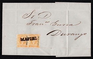 1856-57 Letter sheet from Mapimi (Mexico) to Durango (Mexico), franked with a pair of 1r (with overprint district Durango), canceled by Mapimi black straight-line postmark