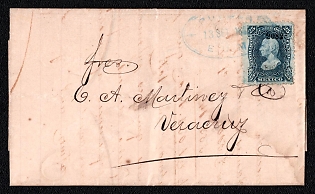 1880s (13 Sep) Letter sheet from Puebla (Mexico) to Veracrus (Mexico), franked with 25c (with overprint district Puebla), canceled by Puebla postmark. Arrival postmark on reverse side unreadable