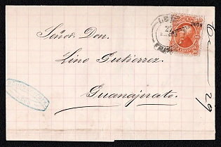 1879 (27 Jan) Letter sheet from Leon (Mexico) to Guanajuato (Mexico), franked with 10c (with overprint district Guanajuato), canceled by Leon postmark. Oval blue forwarding agent handstamp "POHLS & GUEDEA / LEON"