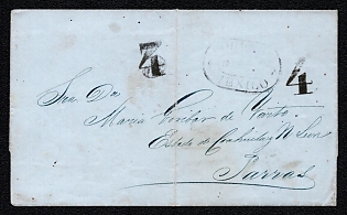 1856 (19 Jul) Pre-philatelic stampless letter sheet from Mexico (Mexico) to Parras (Mexico) payment postmark cachet rate "4" on "3" and separately "4" on the front side, oval black postmark Mexico