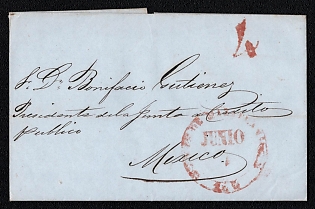1850s (21 Jun) Pre-philatelic stampless letter sheet from Mazatlan (Mexico) to Mexico (Mexico) payment postmark cachet rate "4" on the front side, red postmark Mazatlan
