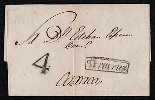 1840s Pre-philatelic stampless letter sheet from Veracruz (Mexico) to Oaxaca (Mexico), payment postmark cachet rate "4" on the front side, black rectangular "Veracruz" origin postmark