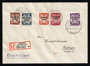 1939 (23 Oct) Danzig Gdansk, Germany, Registered Cover from Sopot (Poland) to Reutlingen (Germany) franked with 3Rpf, 4Rpf, 5Rpf, 25Rpf, 30Rpf, with red registration label