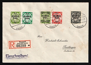 1939 (23 Oct) Danzig Gdansk, Germany, Registered Cover from Sopot (Poland) to Reutlingen (Germany) franked with 8Rpf, 10Rpf, 12Rpf, 15Rpf, 20Rpf, with red registration label